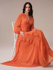 BELROSIE Lantern Sleeve Ruffle Trim Maxi Dress - Orange - View 4