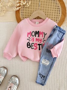 LMoss Kids 女嬰字母圖案保暖衛衣與牛仔效果印花長褲套裝 - 彩色 - 查看 3