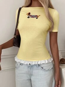 CovetEZ Letter & Cartoon Graphic Contrast Lace Tee - Pale Yellow - View 6
