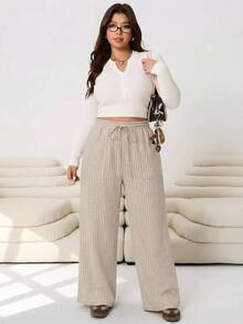 Solflare Plus Striped Print Drawstring Waist Wide Leg Pants - Khaki - View 4
