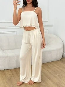 SHEIN Contrast Lace Cami Top & Pants PJ Set - Beige - View 2