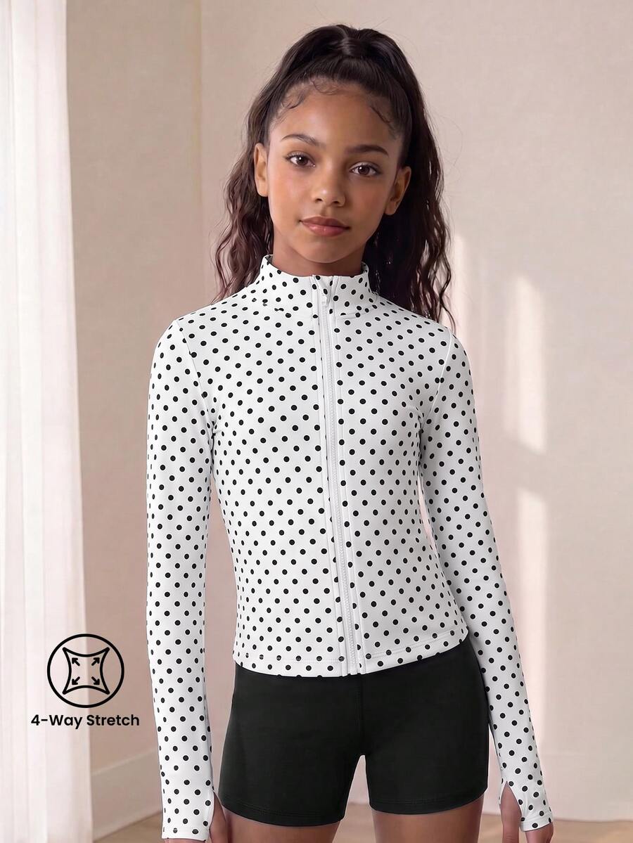 SHEIN Tween Girl Polka Dot Print Zip Up Sports Jacket - Black and White - View 1