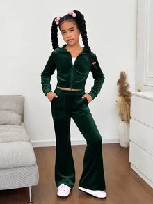 SHEIN 青少年女孩連帽衫與運動衫套裝 - 綠色 - 查看 3