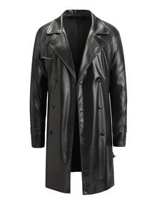 Manfinity Mode 男士雙排扣繫帶風衣 - 黑色 - 查看 5