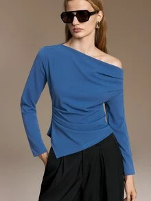 Ontre Asymmetrical Neck Ruched Waist Tee Office Steel Blue Autumn Elegant - Blue - View 5