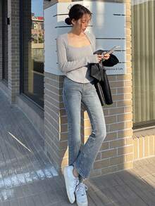 DAZY Square Neck Ribbed Knit Tee - Grey - View 3