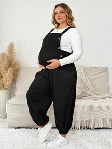 Plussiva Plus Maternity Solid Button Detail Overall Without Tee - Black - View 5