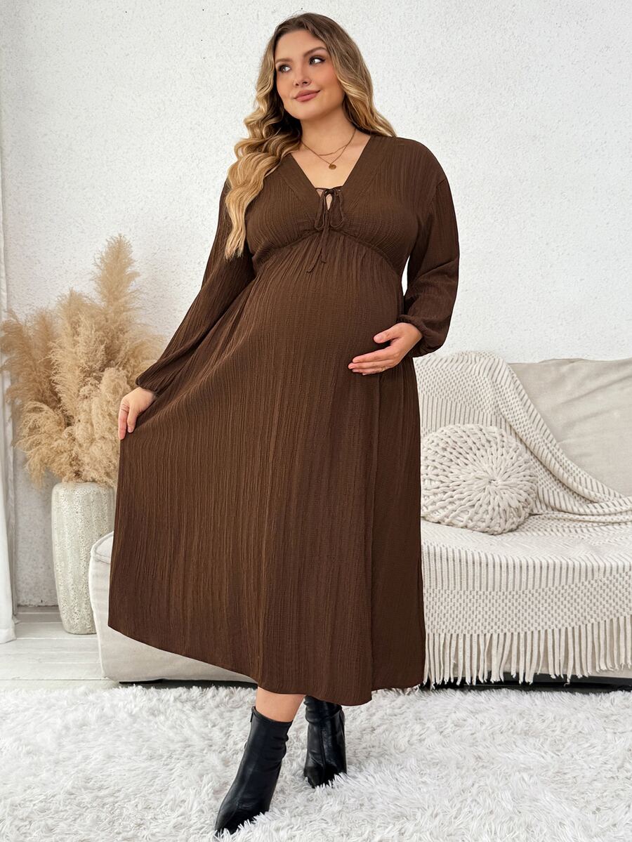 Plussiva 大尺碼孕婦純色前綁帶燈籠袖洋裝 - 棕色 - 查看 1