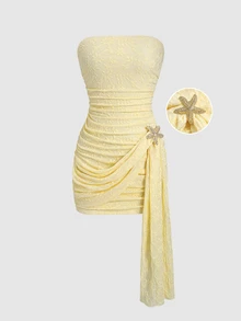 Sweetra Draped Side Ruched Tube Bodycon Dress Wedding Vacation Party Dinner Pale Yellow Summer Elegant Tropical Jamaican - Yellow - View 3