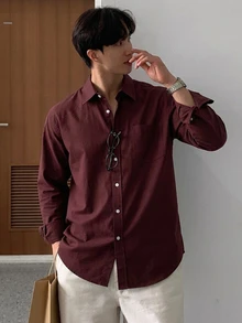 DAZY 男士純色口袋拼接襯衫 秋季 - 鏽棕色 - 查看 6