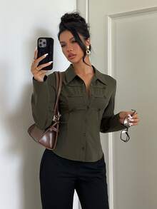 Aloruh Solid Long Sleeve Button Front Slim Fit Shirt - Army Green - View 3