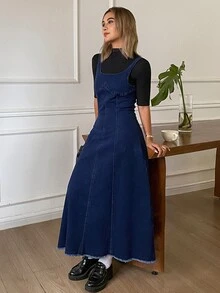 DAZY Gaun Cami Denim dengan Potongan Mentah Tanpa Kaos untuk Liburan - Biru - View 5
