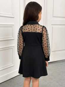 SHEIN Young Girl Contrast Dobby Kids Mesh Cut Out Front Dress - Black - View 2