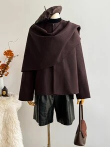 Elamini Solid Open Front Cape Overcoat - Brown - View 1