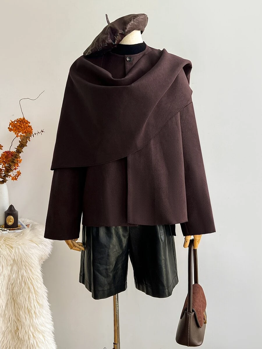 Elamini Solid Open Front Cape Overcoat - Brown - View 1