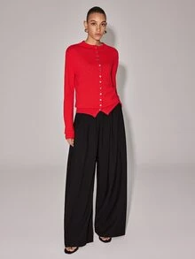 Anewsta Essential Solid Button Front Sweater - Red - View 2
