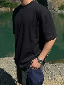 DAZY Camiseta de hombro caído de color sólido para hombres - Negro - Ver 5