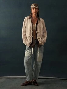 Bohemela Áo cardigan dáng duffle vai trễ - Màu Khaki - Xem 7