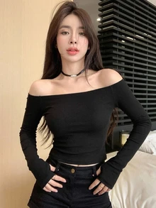 DAZY Solid Bardot Ribbed Tee Fall - Black - View 5