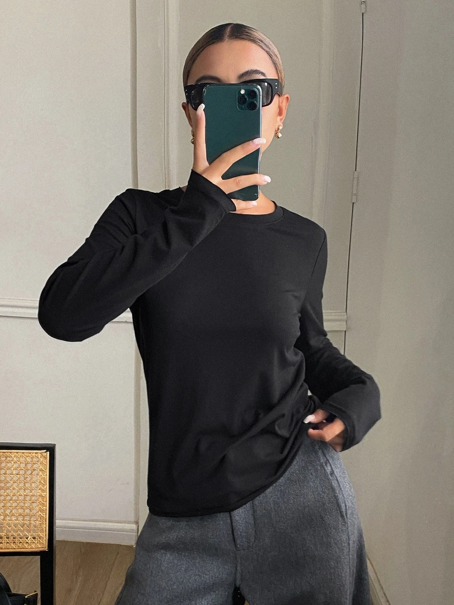 DAZY Solid Round Neck Long Sleeve Tee - Black - View 1