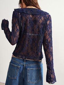 Bohemela Ruffle Trim Flounce Sleeve Lace Top Without Bra - Navy Blue - View 5
