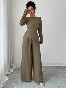 SHEIN Raffinéa 純色不對稱下擺T恤與寬腿長褲 - 卡其色 - 查看 3