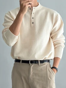 DAZY Men Solid Half Button Sweater Fall - White - View 2