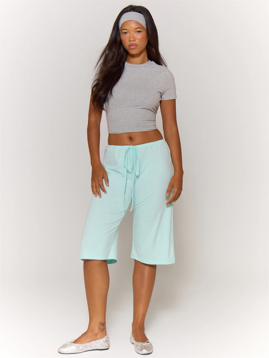 MUSERA Drawstring Knit Wide Leg Longline Shorts Summer Girly Everyday Loungwear - Mint Green - View 1