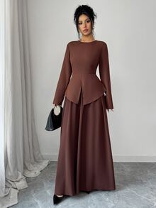 Elenzga Gaun Panjang Polos dengan Kelim Asimetris - Coklat - View 4