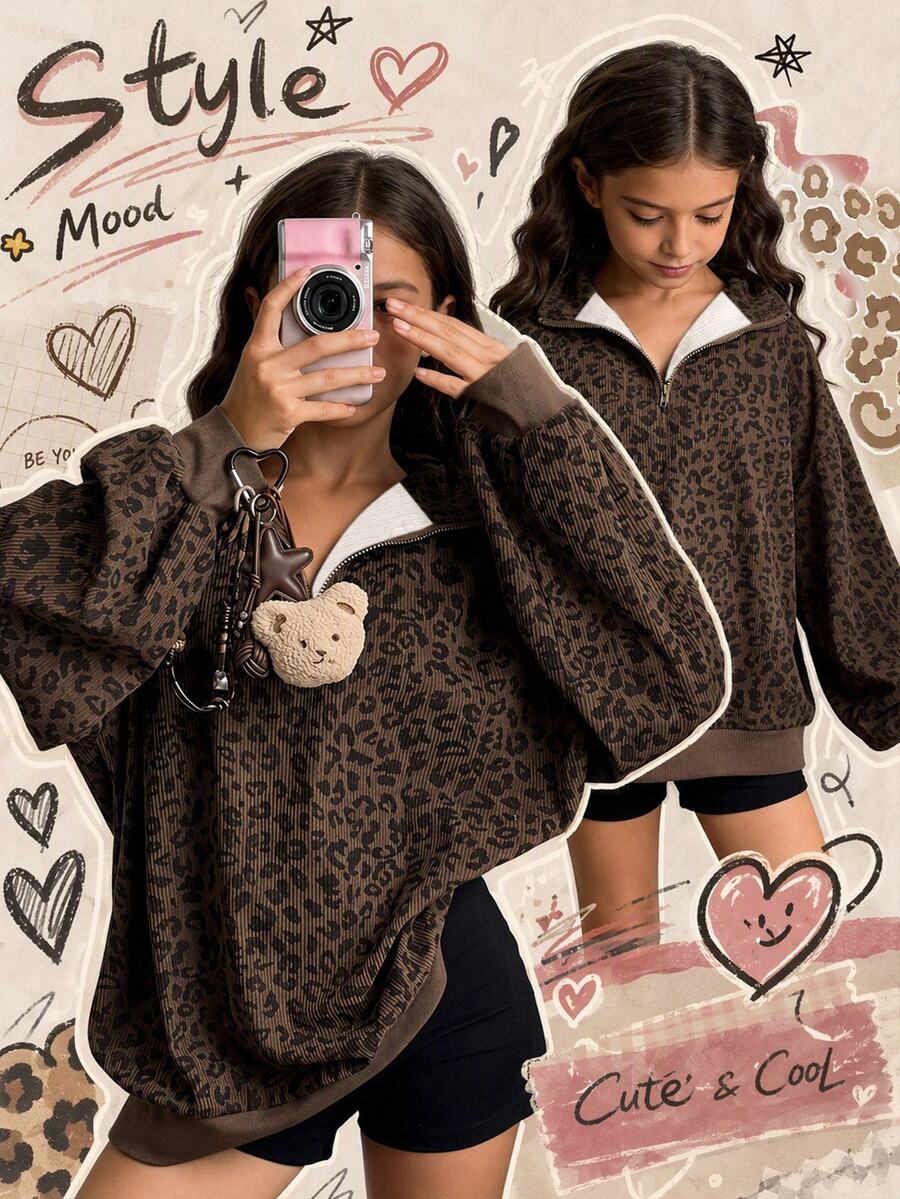 Teen Girl 1pc Cord Leopard Print Half Zip Drop Shoulder Sweatshirt - Multicolor - View 1
