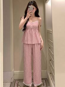 DAZY 碎花蕾絲飾邊細肩帶上衣與長褲睡衣套裝 - 粉色 - 查看 3
