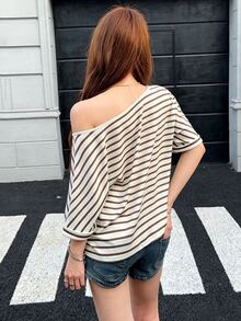 K-Vae Striped Print Asymmetrical Neck Tee - Multicolor - View 2