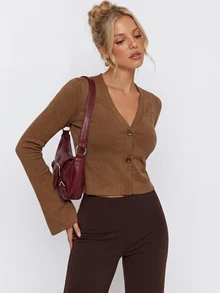 Avantive Button Front Crop Cardigan Office Business Shades Of Brown Autumn Casual,Versatile Everyday Jacket - Brown - View 4