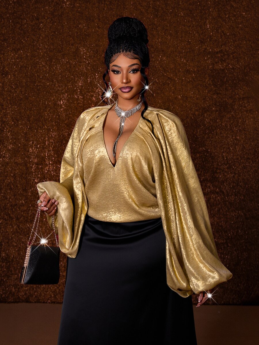 Maweii Blusas de Talla Grande Otoño - Dorado - Ver 1