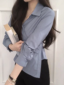 DAZY Solid Asymmetrical Hem Wrap Placket Shirt - Blue - View 6