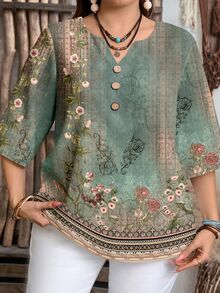 EMERY ROSE Blusa de talla grande con estampado floral y cuello con muesca - Verde - Ver 3