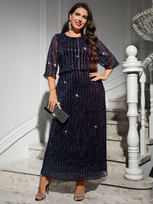 Reflora Women's Plus-Size Purple Sequin Mesh Overlay Dress – Perfect For Parties, Formal Banquets, Holidays, And Halloween - Purple - View 3