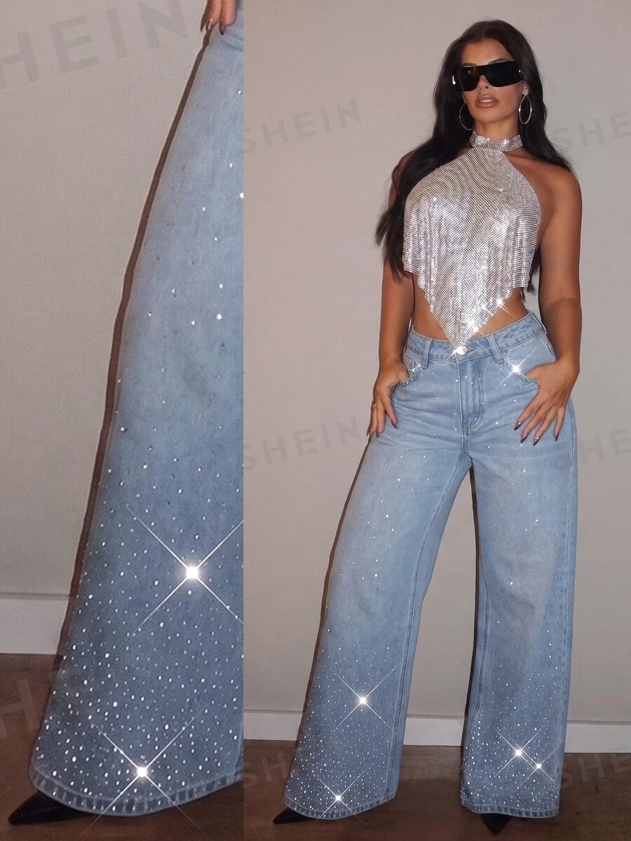 SHEIN Tall High Waist Rhinestone Wide Leg Jeans - Light Wash - View 1