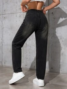 SHEIN ICON 破洞直筒牛仔褲 - 黑色 - 查看 2