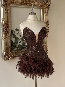 Lovelzi Elegant Coffee Brown Sequin Embroidered Feather Fringe Strapless Sweetheart Corset A Line Short Mini Prom Homecoming Cocktail Formal Evening Dress - Coffee Brown - View 7