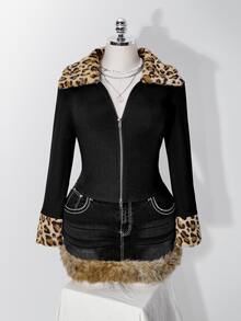 SHEIN ICON 大碼豹紋 Borg 領毛絨飾邊夾克外套 冬季 - 黑色 - 查看 3
