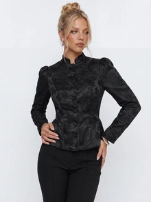 Avantive Floral Jacquard Peplum Hem Satin Jacket - Black - View 7