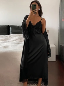 DAZY Contrast Lace Cami Sleep Dress & Robe PJ Set - Black - View 1