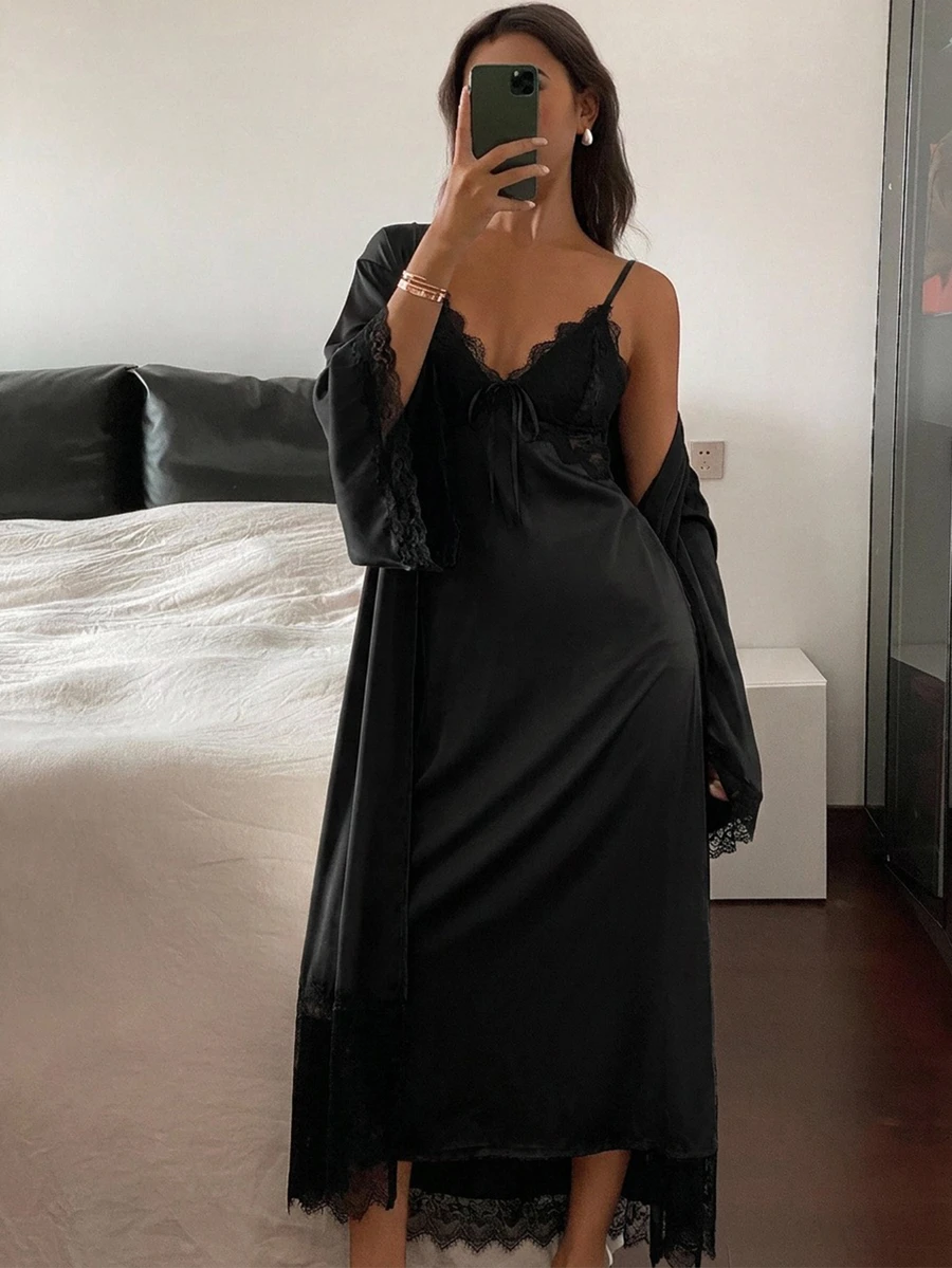 DAZY Contrast Lace Cami Sleep Dress & Robe PJ Set - Black - View 1