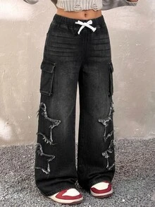 Tween Girl Drawstring Waist Flap Pocket Side Raw Edge Star Pattern Cargo Jeans - Black - View 1
