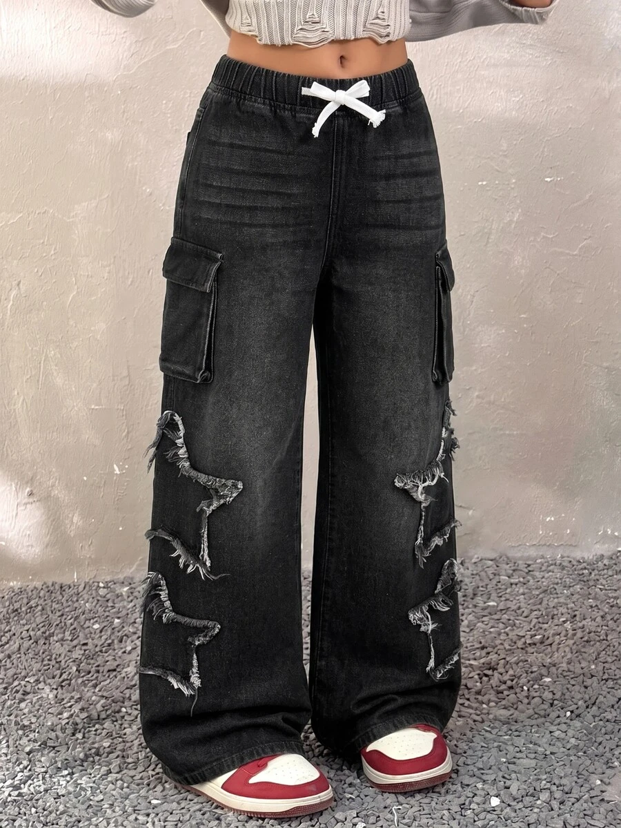 Tween Girl Drawstring Waist Flap Pocket Side Raw Edge Star Pattern Cargo Jeans - Black - View 1