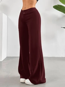 SHEIN Tall CURVE 大尺碼純色寬腿長褲 - 酒紅色 - 查看 4