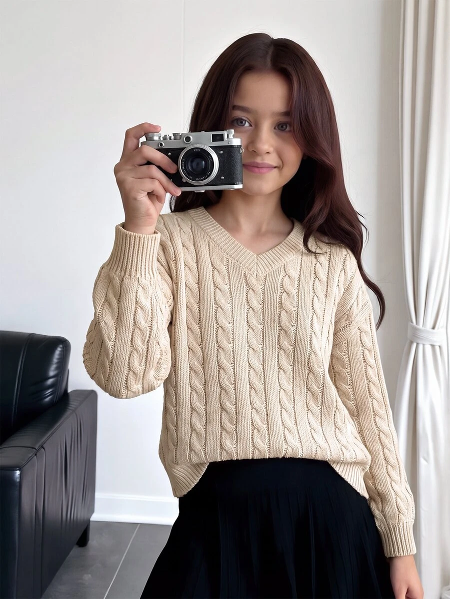 SHEIN Sweater Rajut Kabel Leher V Polos Bahu Jatuh untuk Anak Perempuan Remaja Musim Gugur - Aprikot - View 1