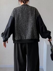 FRIFUL Gray Print Drop Shoulder Bomber Jacket Office Business Autumn Casual Elegant - Grey - View 4