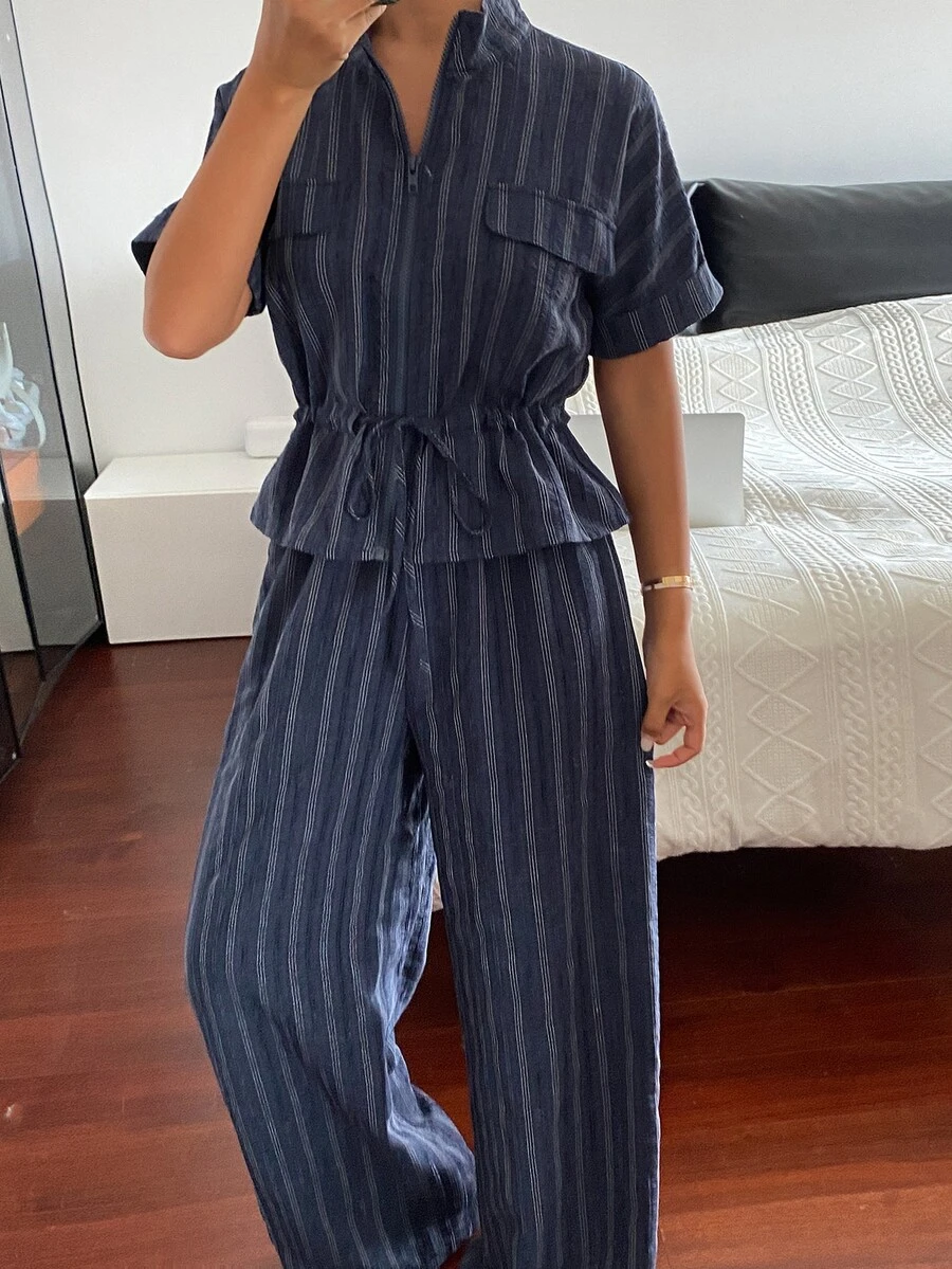 DAZY Blue Stripe Print Drawstring Waist Top Pants Lounge Sets For Women Travel Summer Casual - Rust Brown - View 1